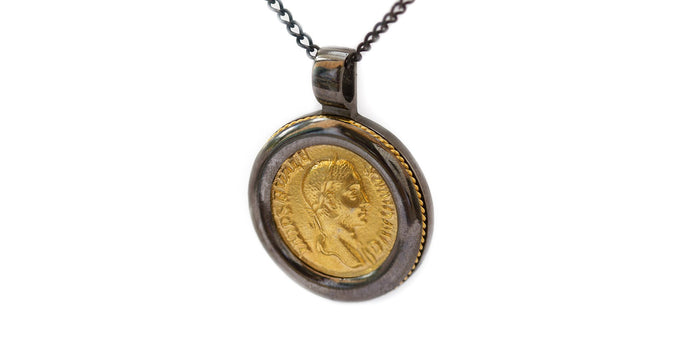 Black and gold ancient Roman coin necklace, decorated with filigree elements on necklace