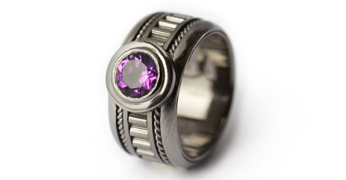 purple amethyst with black silver men's misti wedding band