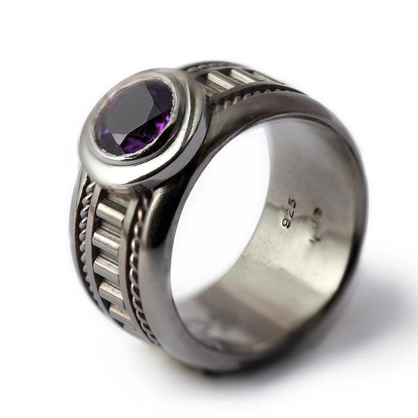 purple amethyst with black silver men's misti wedding band