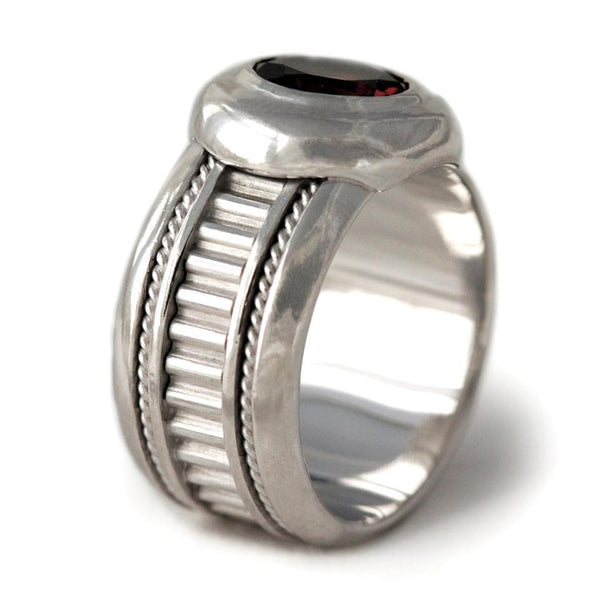 Red garnet in silver misti wedding band