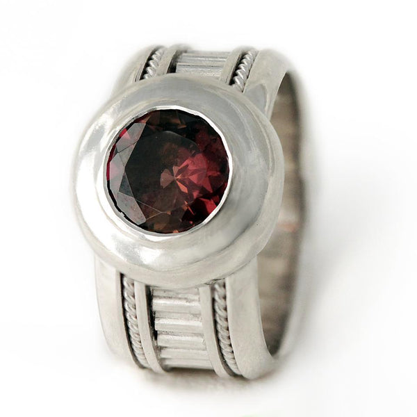 Red garnet in silver misti wedding band