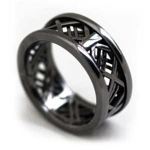 Cadi mens black wedding band with bold layered geometric texture