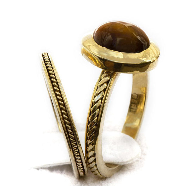 gold or silver Tiger-eye cabochon-cut stone filigree ring