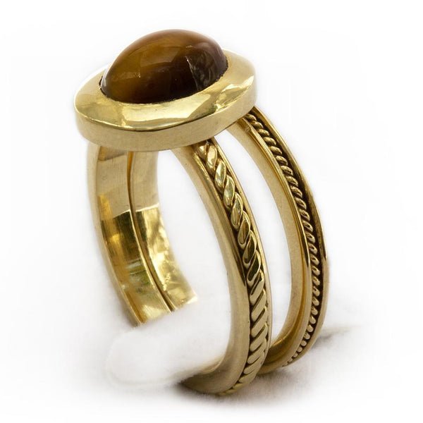 gold or silver Tiger-eye cabochon-cut stone filigree ring
