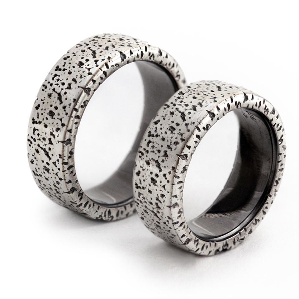 Cadi rustic two tone commitment wedding bands with lunar crater texture