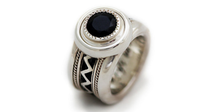 wide misti wedding band with black stone for men
