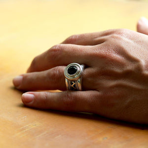 wide misti wedding band with black stone for men