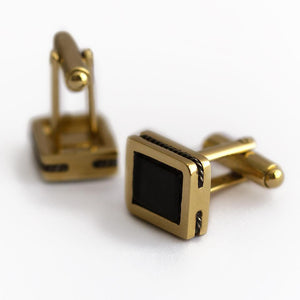 business hand made gold cufflinks with black Onyx gemstone and filigree decoration 