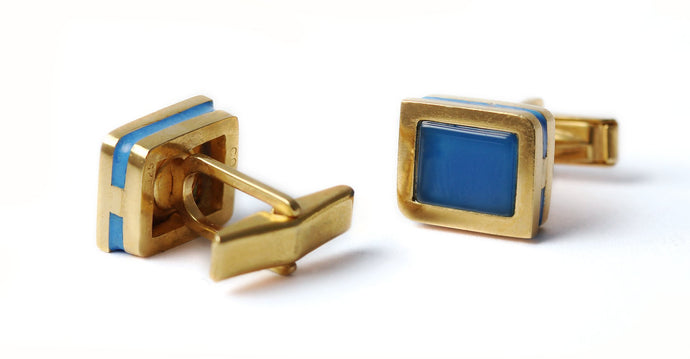 retirement jewelry gift for men, Rectangular gold cufflinks with blue enamel decoration and blue Agate gemstone
