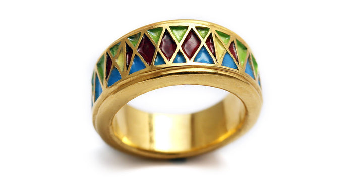 yellow gold metal mesh filled in with natural enamel colors ring