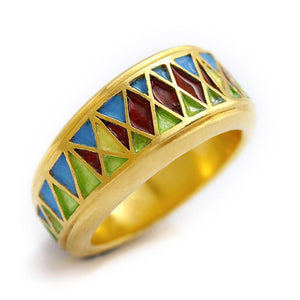 yellow gold metal mesh filled in with natural enamel colors ring