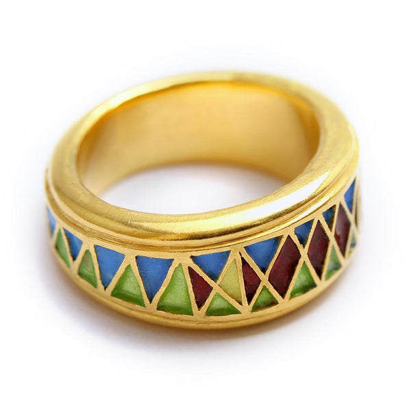 yellow gold metal mesh filled in with natural enamel colors ring