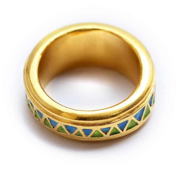 yellow gold metal mesh filled in with natural enamel colors ring