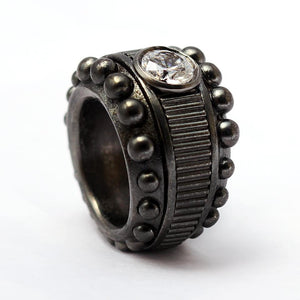 texture silver or gold ring with white Cubic Zirconia stone for bikers