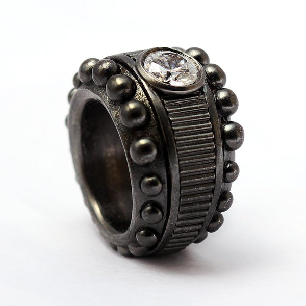 texture silver or gold ring with white Cubic Zirconia stone for bikers