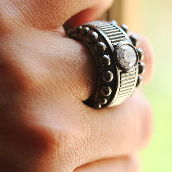 texture silver or gold ring with white Cubic Zirconia stone for bikers