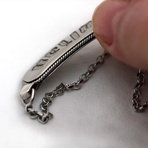 Gothic name bar bracelet  with filigree hand made work and a geometric font  Name bar 