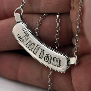 Best silver name bar necklace, a custom jewelry with gothic geometric font
