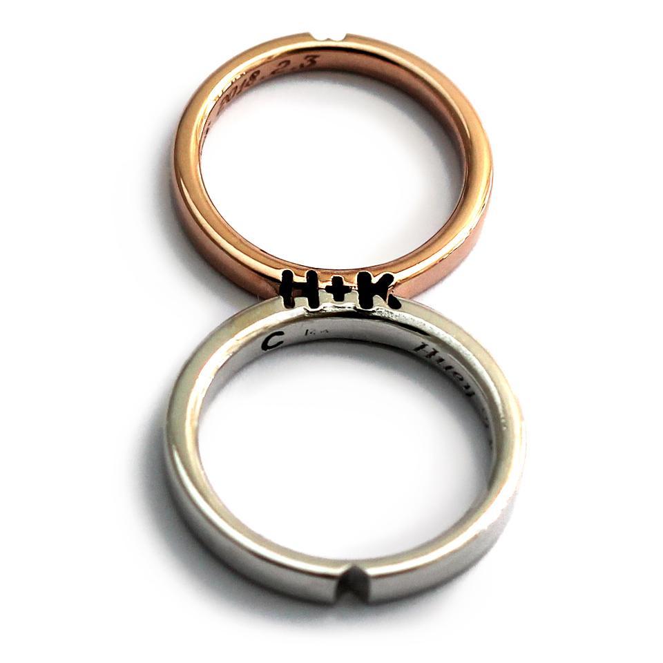 rose gold and silver promise ring set engraved with initials