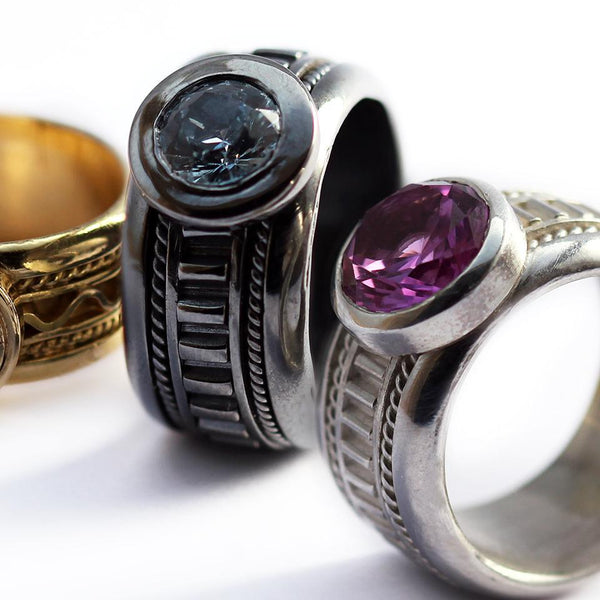 Men's blue Aquamarine in gold or sterling silver misti wedding band