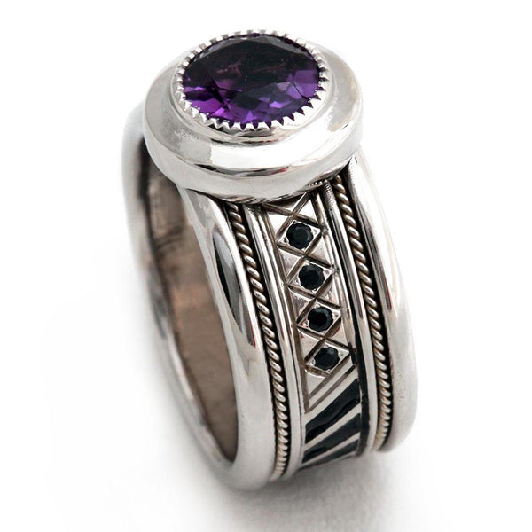 purple Amethyst with silver misti wedding band for men