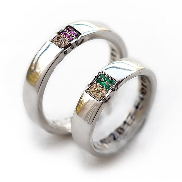 letter specific with Sapphire Emerald and Ruby couple rings