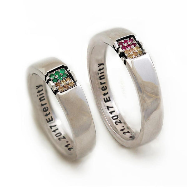letter specific with Sapphire Emerald and Ruby couple rings