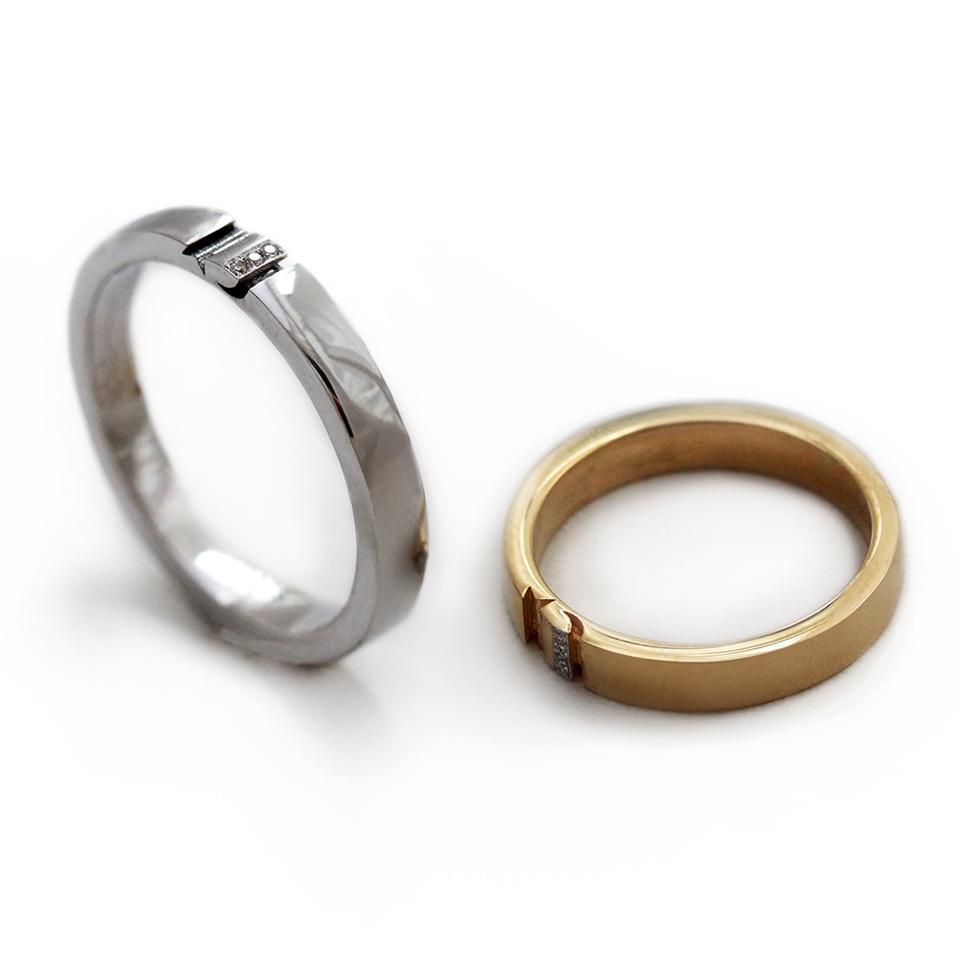 14K gold thick and thin matching sun and moon wedding band rings