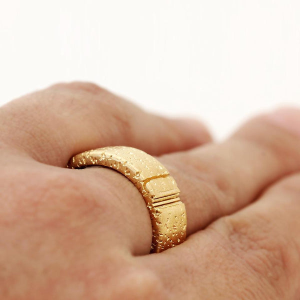 Unique gold textured mens wedding bands