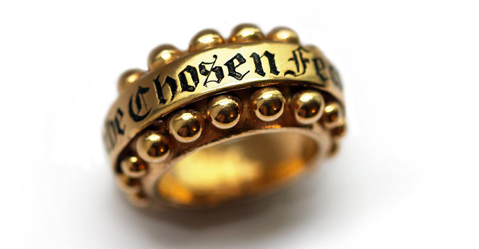 gold or silver ring with customizing stylish rich Gothic typography
