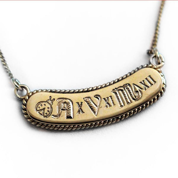geometric font shape filigree work yellow gold Name bar necklace